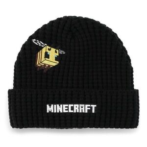 Black Minecraft Beanie with Bee Embroidery
